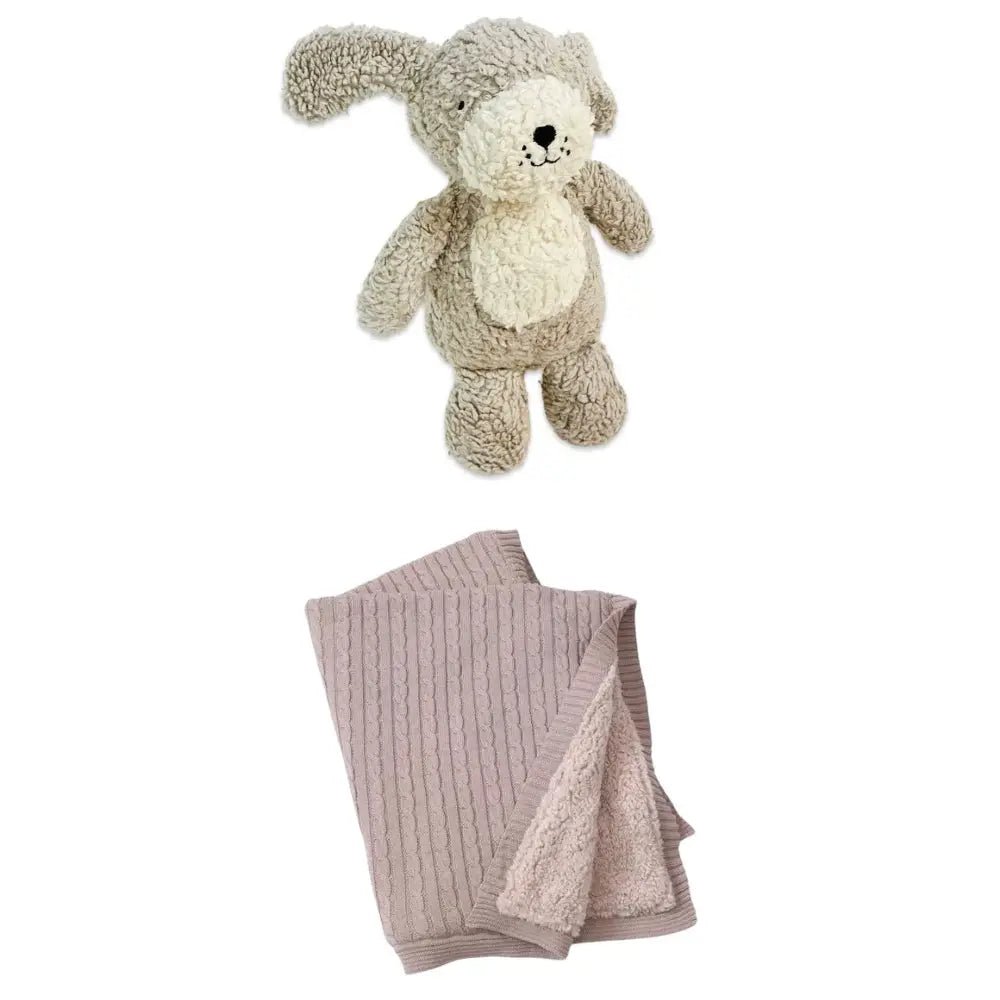 Cozy Sherpa Cable Knit Baby Blanket & Rocky Stuffed Dog Bundle Viverano Organics Bundle