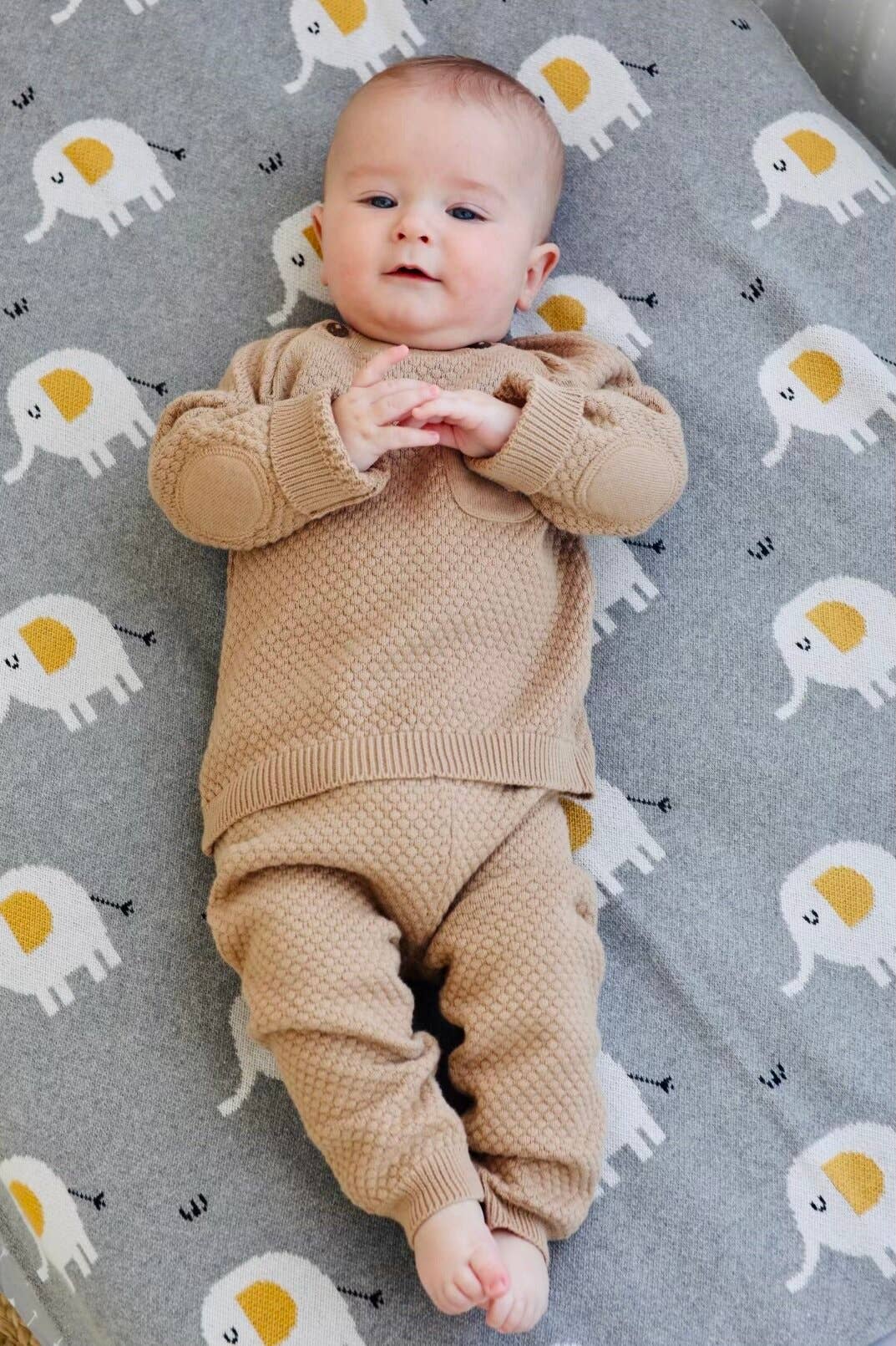 Elephant - Organic Cotton Jacquard Sweater Knit Baby Blanket Viverano Organics