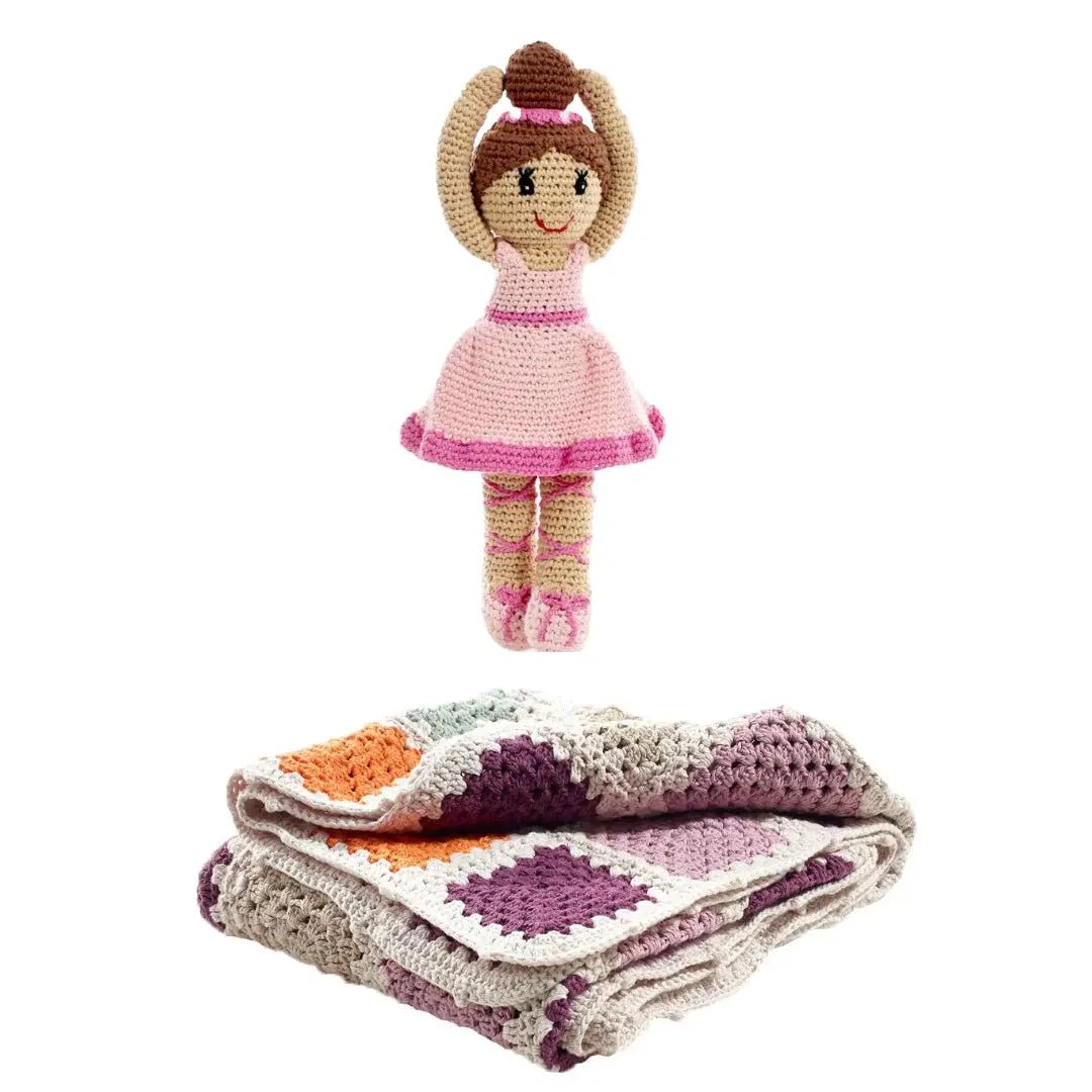 Hand-Crocheted Organic Cotton Granny Square Baby Blanket and Hand-Knit Ballerina Doll Bundle Pebble Bundle