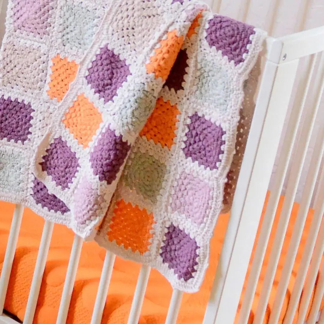 Handmade Baby Blanket - Organic Cotton Crochet Granny Square - Purple Pebble