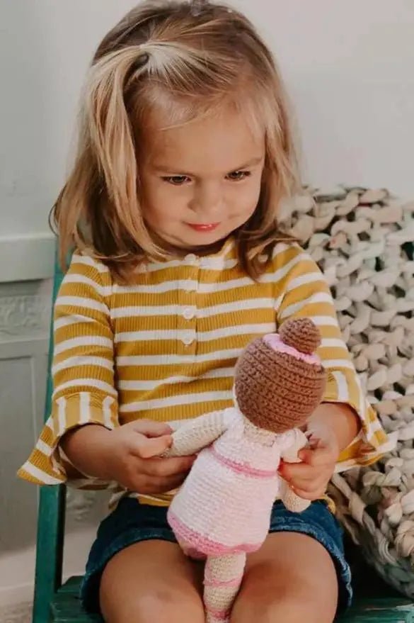 Hand-Crocheted Organic Cotton Granny Square Baby Blanket and Hand-Knit Ballerina Doll Bundle The Baby Blanket Store