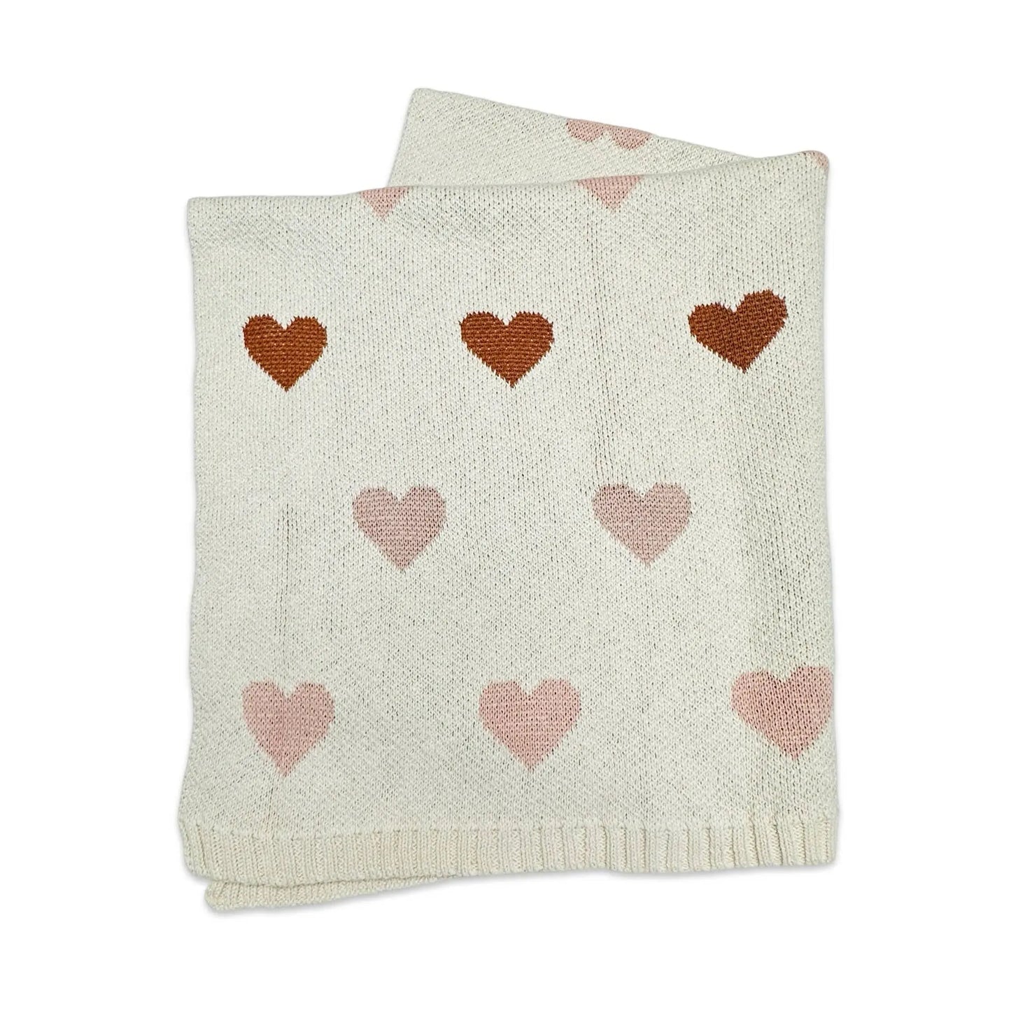 Here is the alt text for the image you uploaded:
"A soft, cream-colored knitted baby blanket with a jacquard heart pattern in shades of pink and brown. The blanket features a ribbed border and a cozy texture, neatly folded against a plain white background. The design exudes warmth and charm, making it ideal for a nursery or gift."
