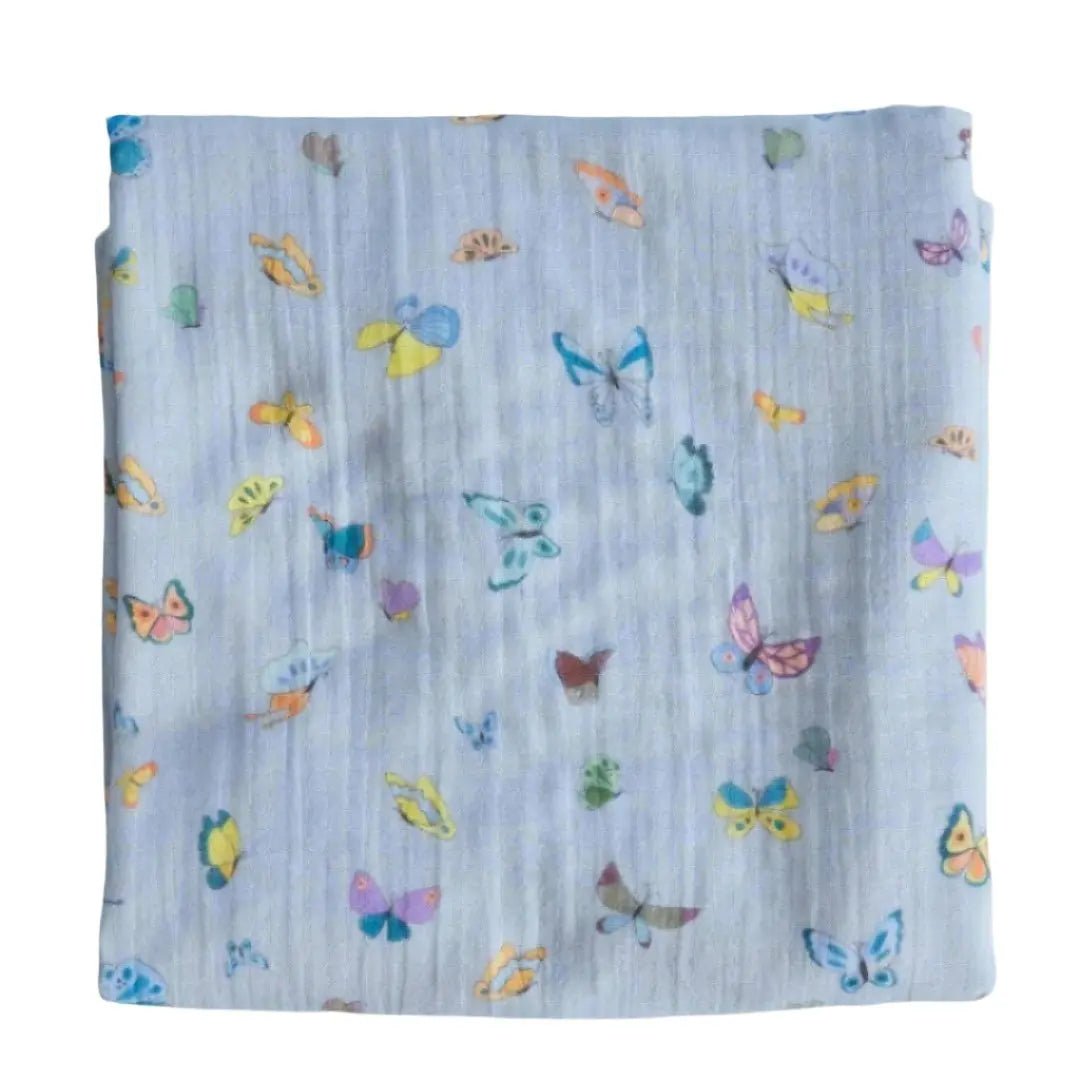 Organic Cotton Muslin Shawl Blanket with Butterfly Motif - Blue - The Baby Blanket Store Crib Blanket 47" x 47" Timo & Violet