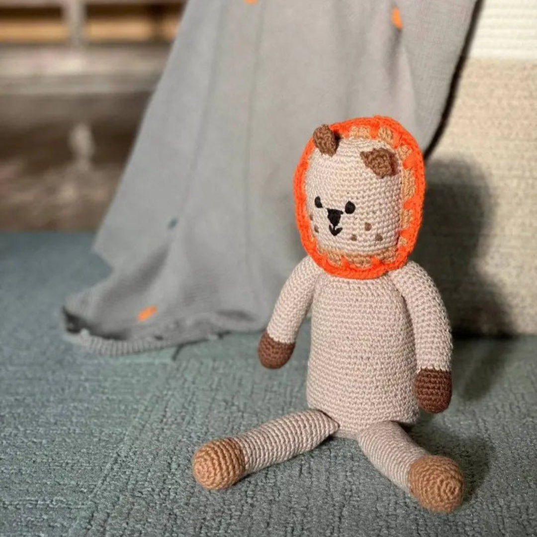 Safari Lion Stuffed Animal - Handmade Organic Cotton with Gentle Rattle - The Baby Blanket Store