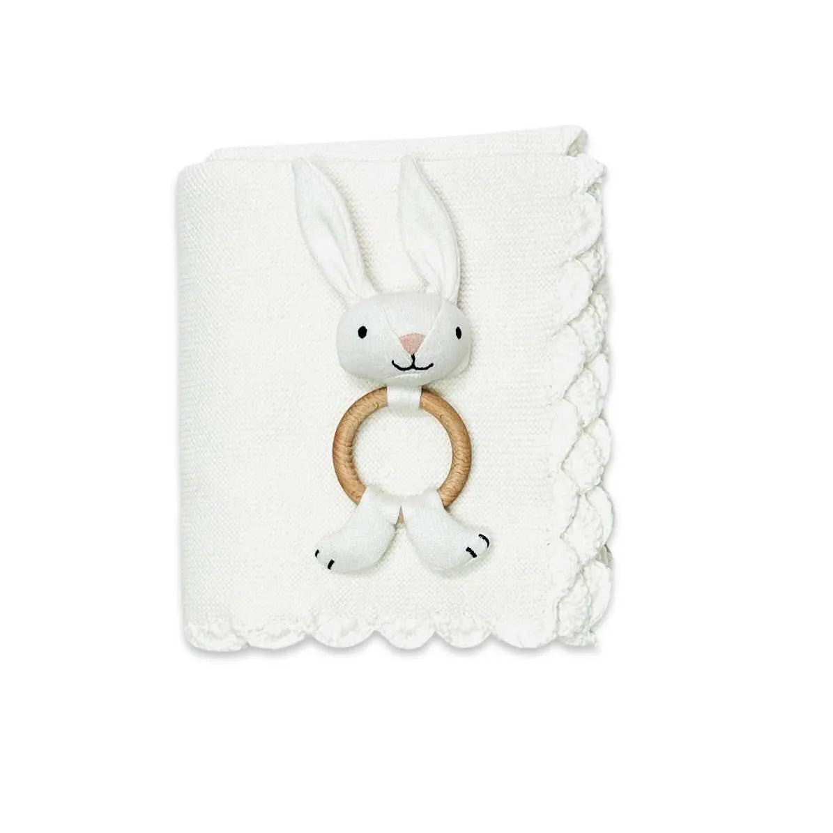 Scallop Edge Classic Knit Baby Blanket + Bunny Rattle SET - The Baby Blanket Store Crib Blanket 32"x 40" and Bunny Ring Rattle Viverano Organics