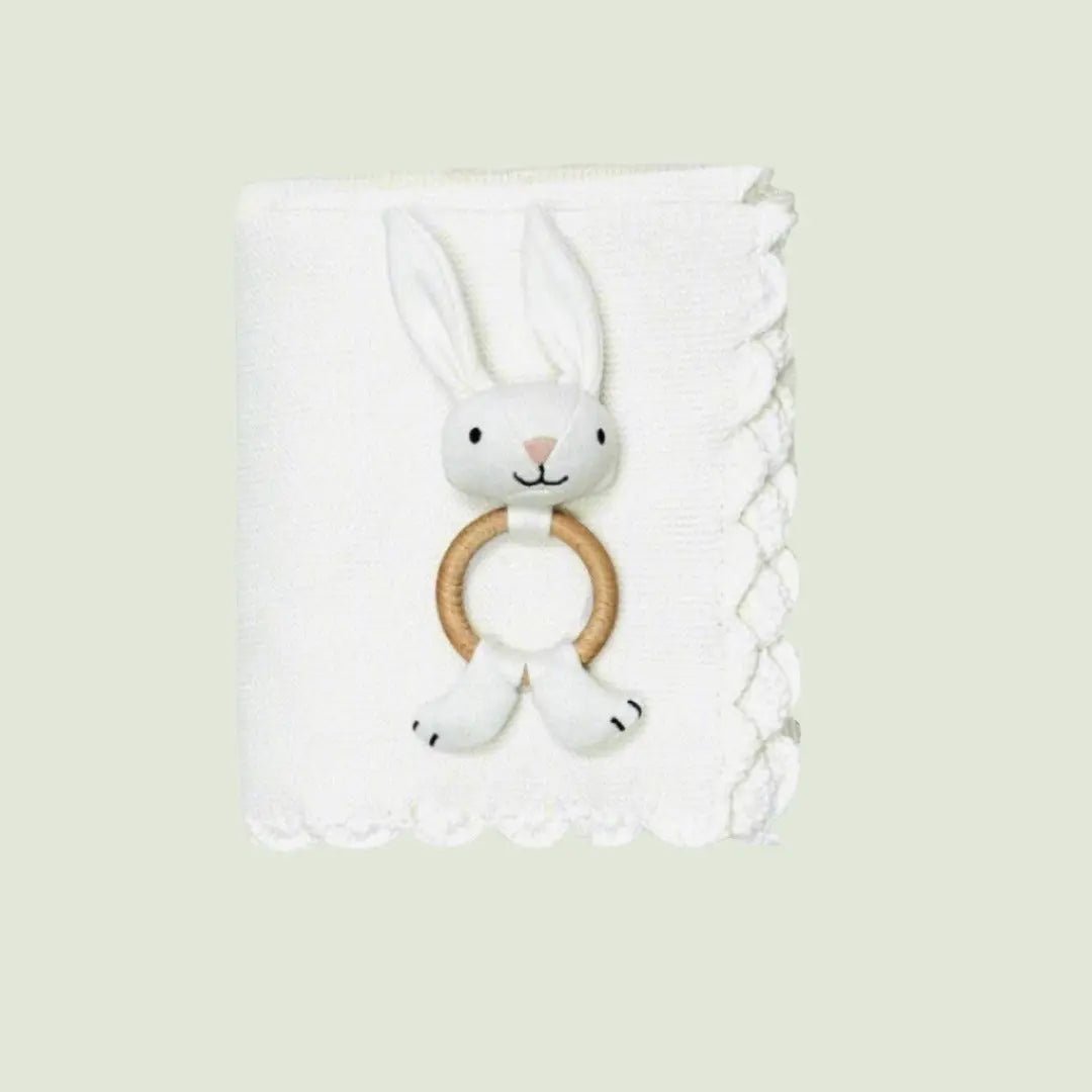Scallop Edge Classic Knit Baby Blanket + Bunny Rattle SET - The Baby Blanket Store LLC Crib Blanket 32"x 40" and Bunny Ring Rattle Viverano Organics