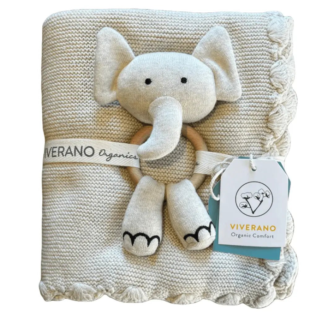 Scallop Edge Classic Knit Baby Blanket + Elephant Rattle SET - The Baby Blanket Store Crib Blanket 32"x 40" and Elephant Ring Rattle Viverano Organics