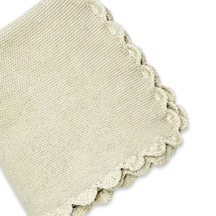 Scallop Edge Classic Knit Baby Blanket + Elephant Rattle SET - The Baby Blanket Store LLC Crib Blanket 32"x 40" and Elephant Ring Rattle Viverano Organics