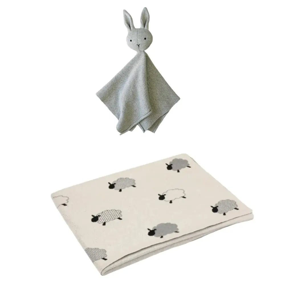 Sheep Cotton Jacquard Sweater Knit Baby Blanket and Bunny Lovey Security Blanket Bundle Pebble and Viverano Bundle