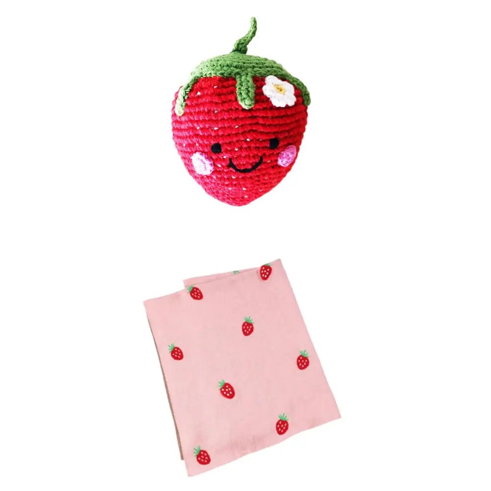 Strawberry 3D Baby Blanket and Strawberry Stuffed Toy with Gentle Rattle Pebble and Viverano Crib Blanket 30" x 42"
