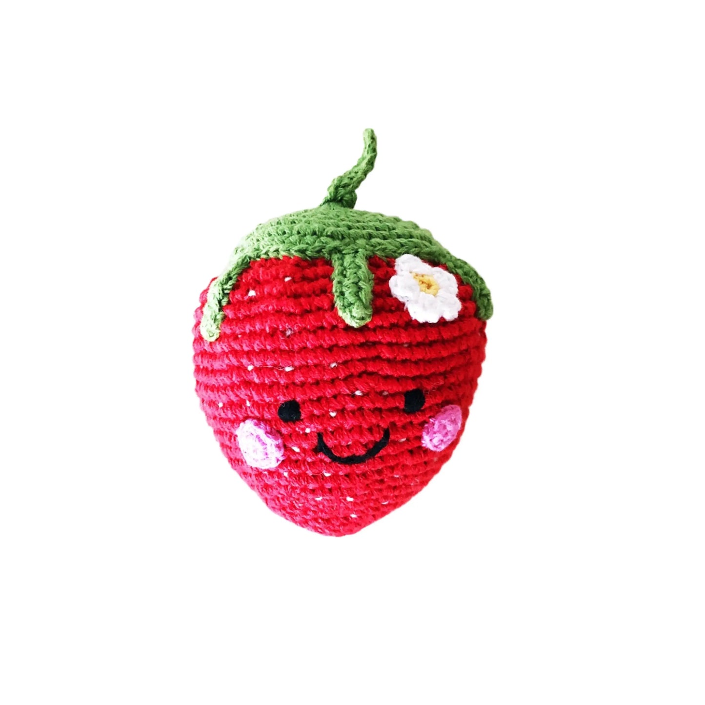 A handmade crochet strawberry rattle made of organic cotton, featuring a bright red body, green leafy top, and a small white flower accent. The strawberry has an embroidered smiling face with rosy pink cheeks, adding a playful and cheerful touch. Its soft texture and gentle rattle sound make it a perfect sensory toy for babies.