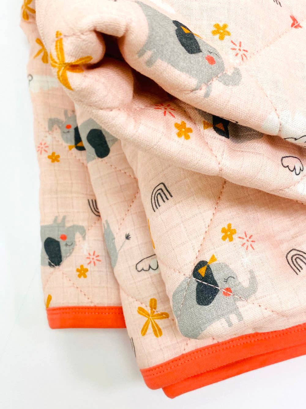 Viverano Organics Elephant Reversible Baby Quilted Blanket (Organic Muslin): Coral