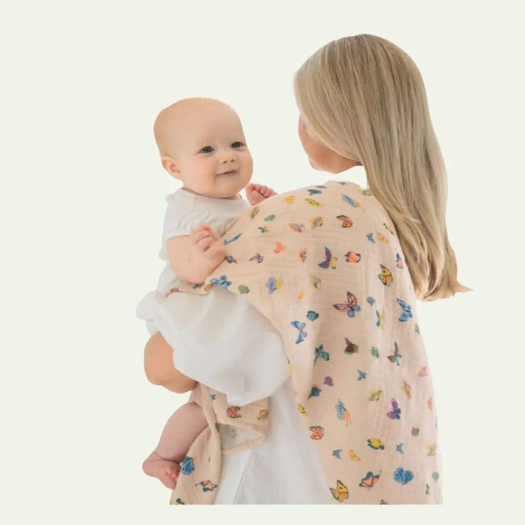 The Baby Blanket Store Crib Blanket 47" x 47" Organic Cotton Muslin Blanket (Shawl) with Butterfly Motif - Blush Peach