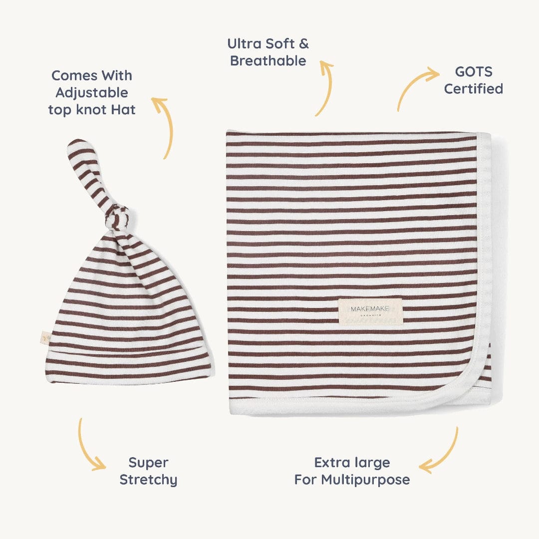 The Baby Blanket Store Swaddle Blanket & Hat 40"X40" Plum Stripes Swaddle Blanket & Hat | Organic Cotton Butter Soft Gift Set