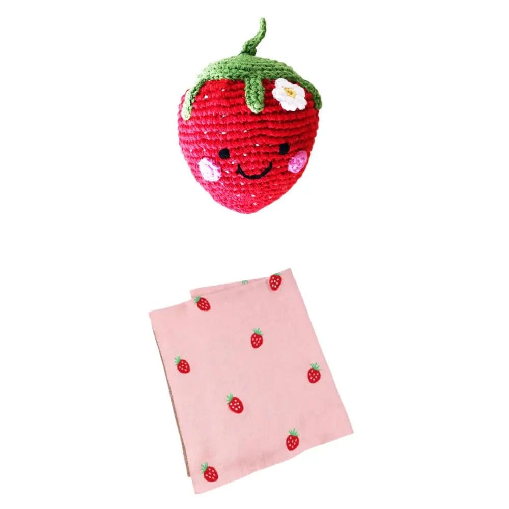 The Baby Blanket Store Crib Blanket 30" x 42" Strawberry 3D Baby Blanket & Strawberry Stuffed Toy with Gentle Rattle Bundle | Organic Cotton