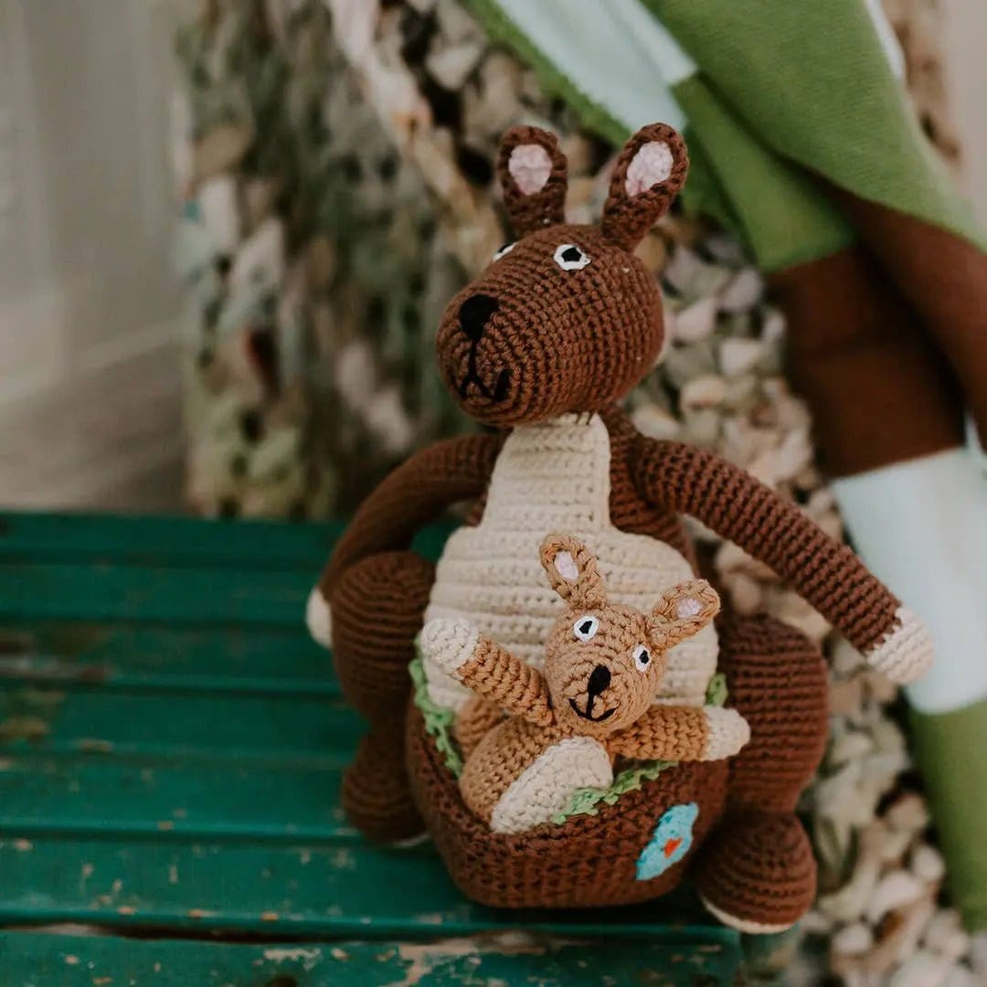 The Baby Blanket Store Stuffed Animal Mamma Kangaroo with Baby Kanga | Handmade Organic Cotton Stuffed Animal