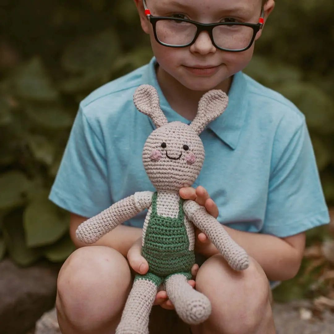 The Baby Blanket Store Stuffed Animal Pink & Green Bunnies | Handmade Organic Cotton Stuffed Animal with Gentle Rattle
