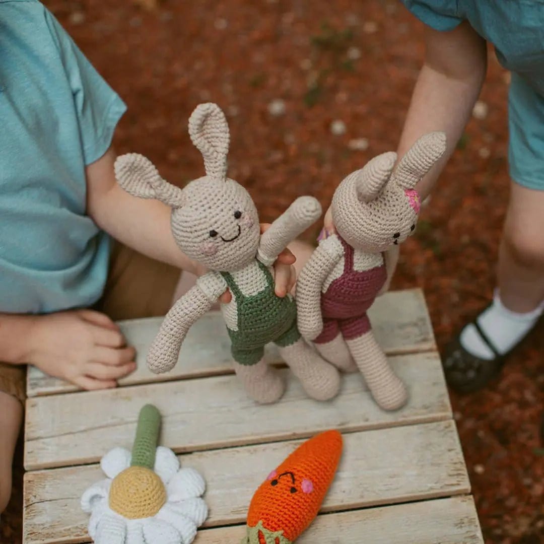 The Baby Blanket Store Stuffed Animal Pink & Green Bunnies | Handmade Organic Cotton Stuffed Animal with Gentle Rattle