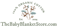 Logo for TheBabyBlanketStore.com featuring organic cotton text and a branch with flowers on a white background.