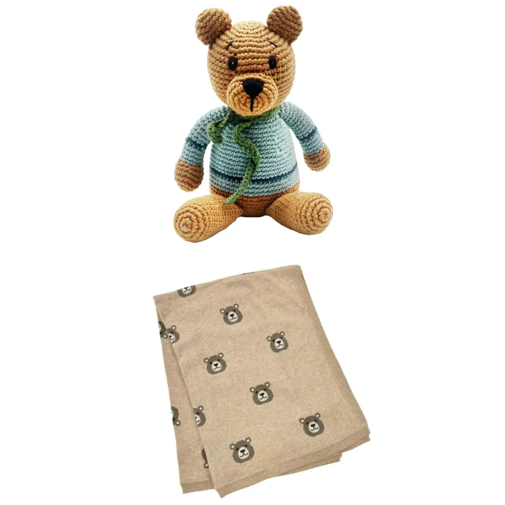 Bear Jacquard Knit Baby Blanket and Adventurous Teddy Bear Bundle Soft, Stylish, and Eco-Friendly Essentials for Babies The Baby Blanket Store Bundle