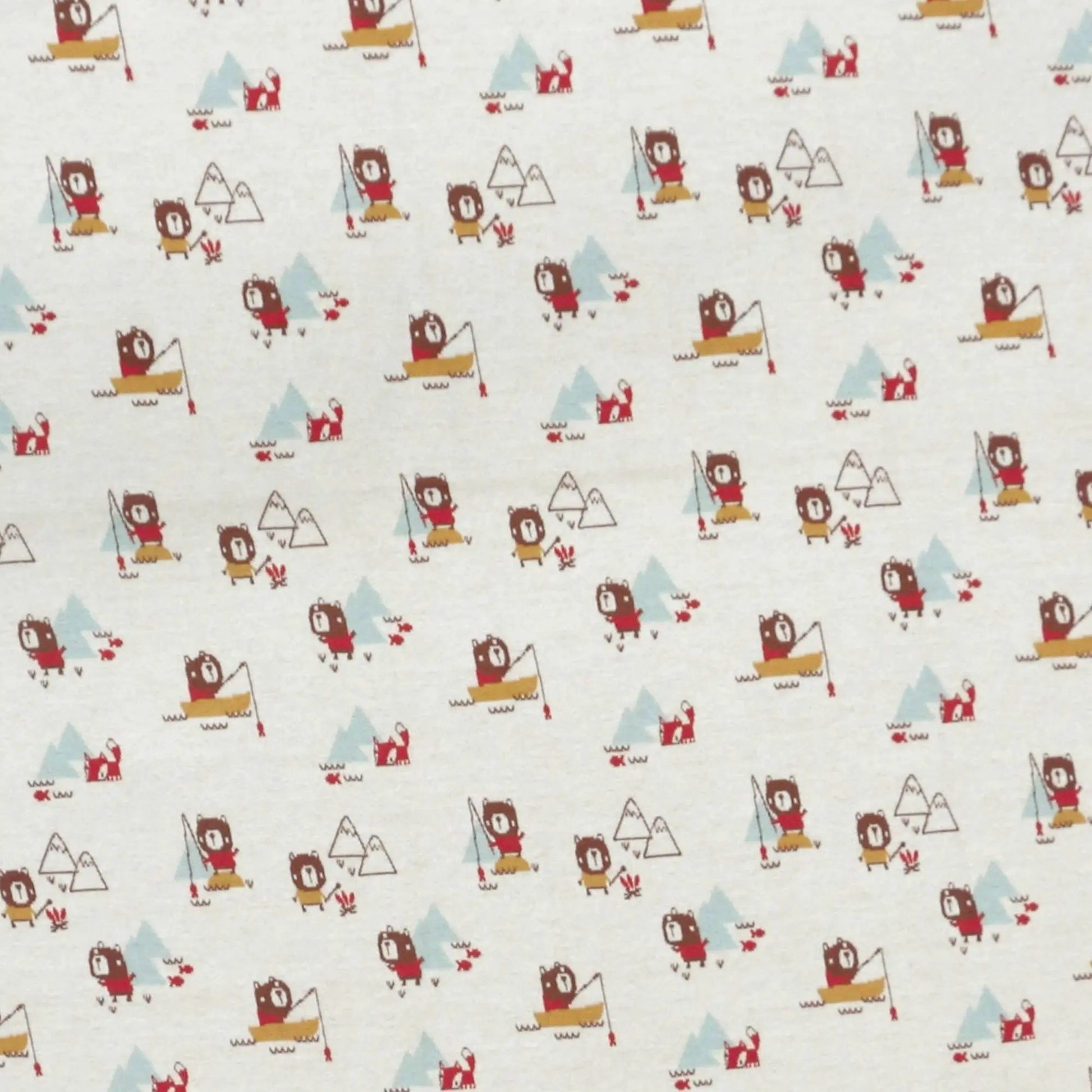 This image shows a close-up view of a baby blanket's fabric pattern, featuring playful camping-themed illustrations. The design includes bears, foxes, mountains, and scenes of fishing and camping activities, all scattered across the light-colored fabric. The adorable and whimsical print makes this blanket perfect for nature-inspired nurseries or as a fun, outdoor-themed baby accessory.