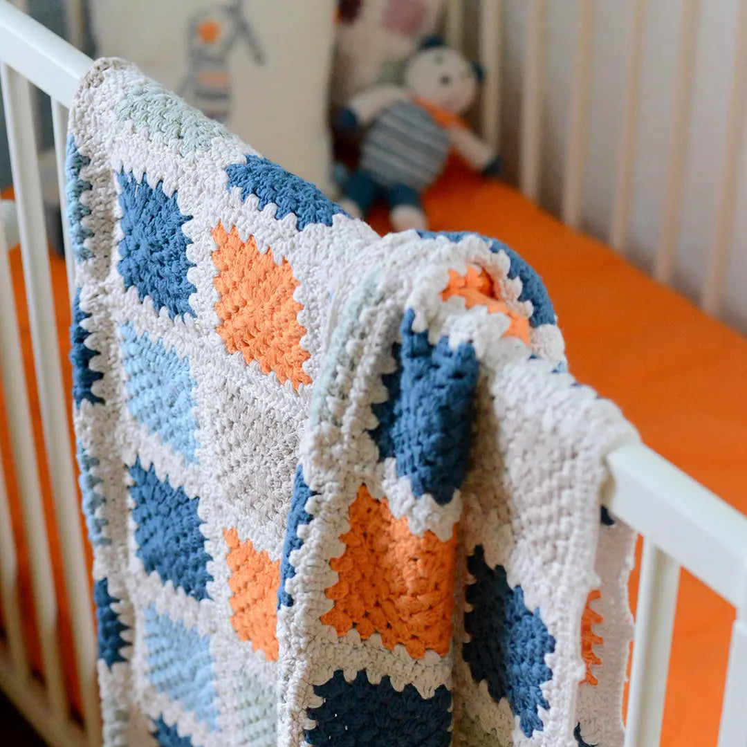 Handmade Baby Blanket - Organic Cotton Crochet Granny Square - Blue Pebble