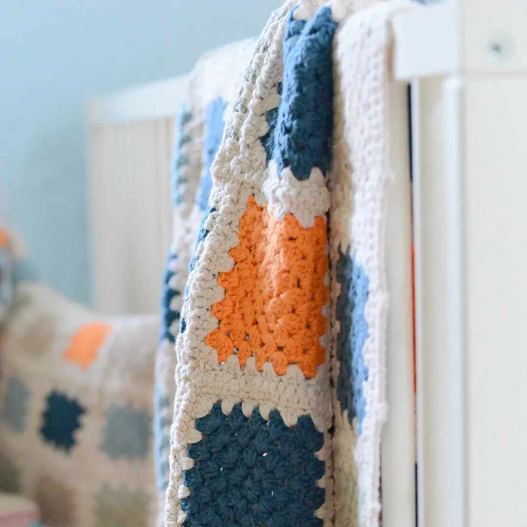 Handmade Baby Blanket - Organic Cotton Crochet Granny Square - Blue Pebble