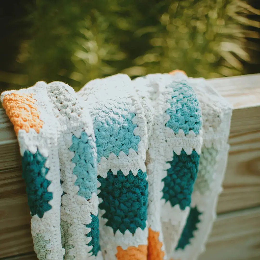 Handmade Organic Crocheted Granny Square Blanket and Stegosaurus - Blue - Baby Gift Set - Crib Blanket 33.5" x 37.5"