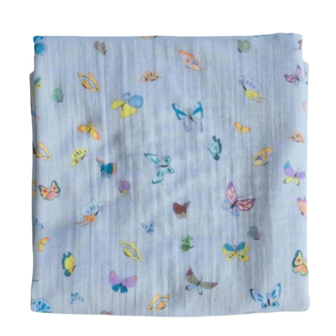 Organic Cotton Muslin Shawl Blanket with Butterfly Motif - Blue - The Baby Blanket Store LLC Crib Blanket 47" x 47" Timo & Violet