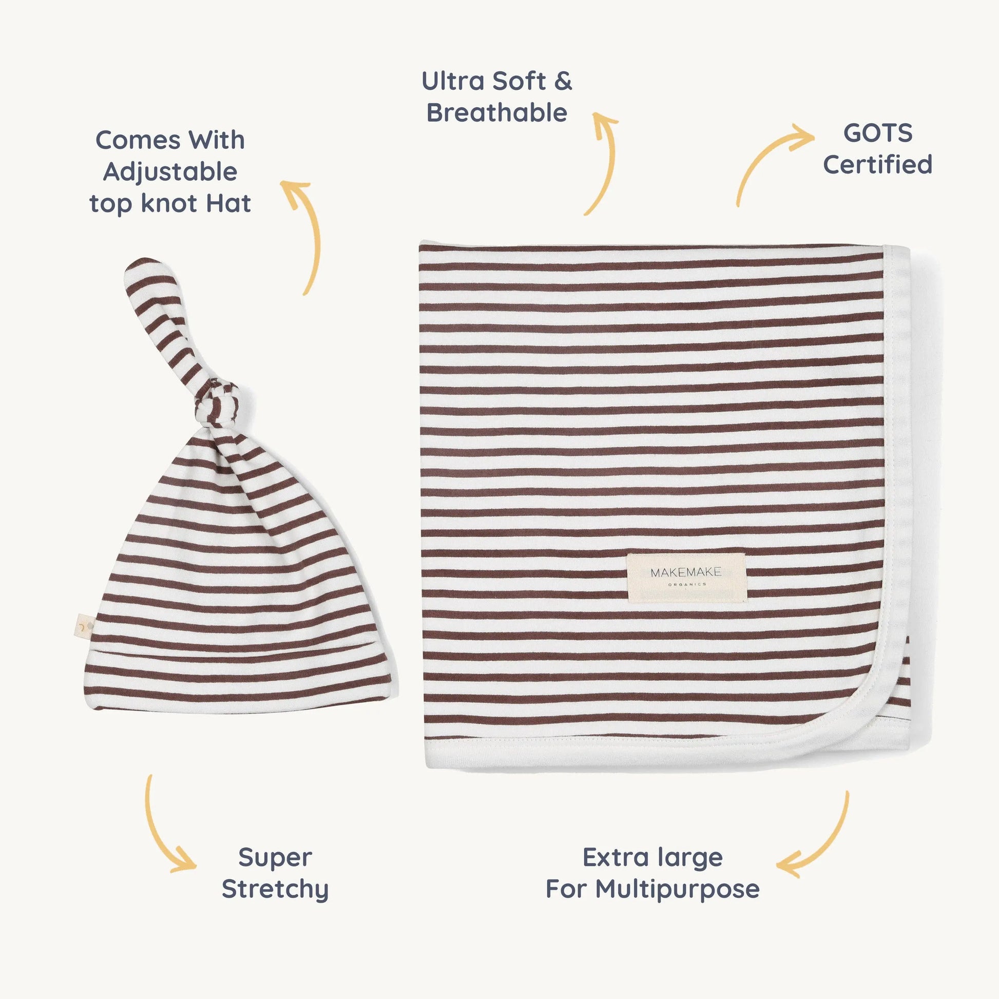 Organic Swaddle Blanket & Hat - Plum Stripes Makemake Organics