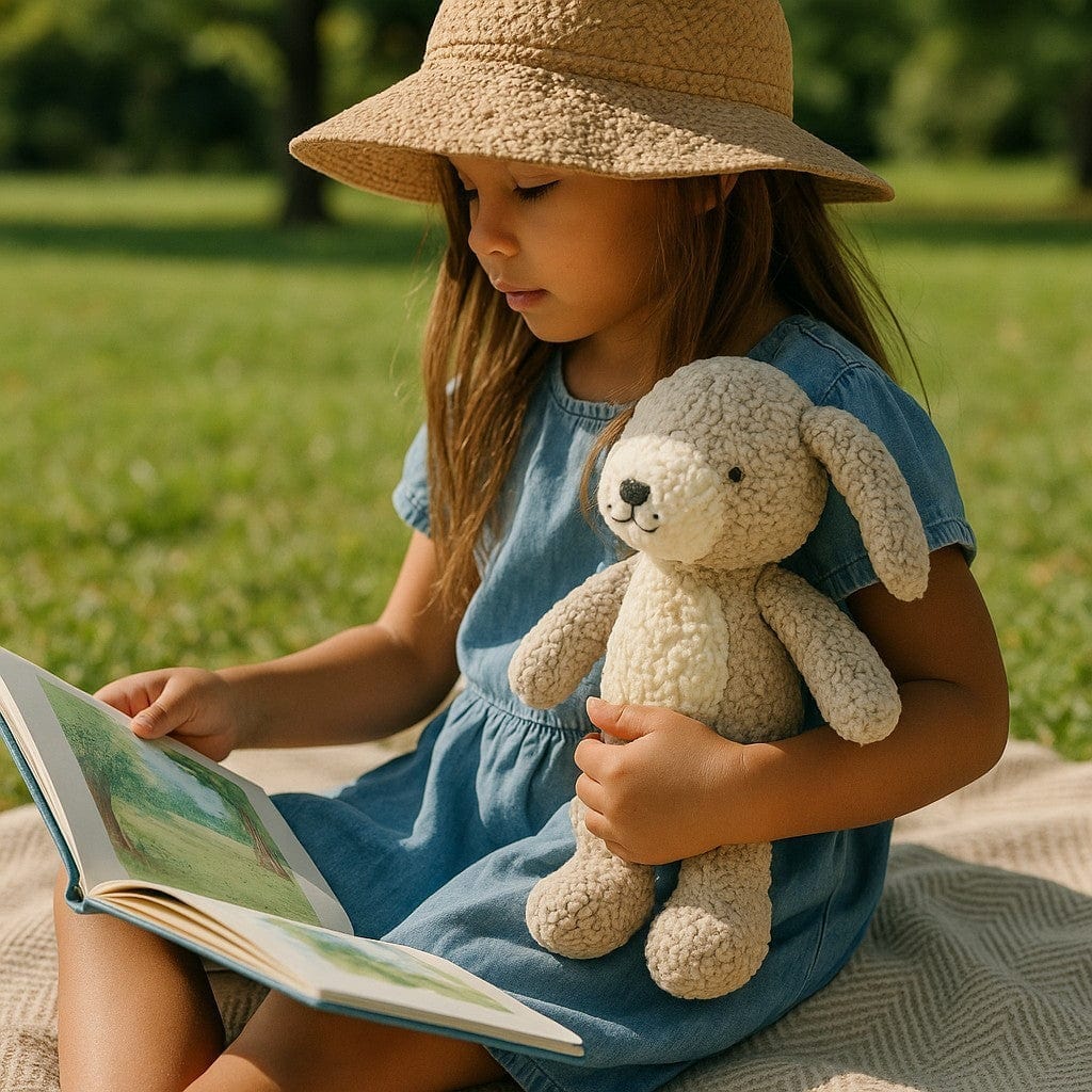 Young girl in a blue dress and straw hat reading a book with a teddy bear in a grassy field.