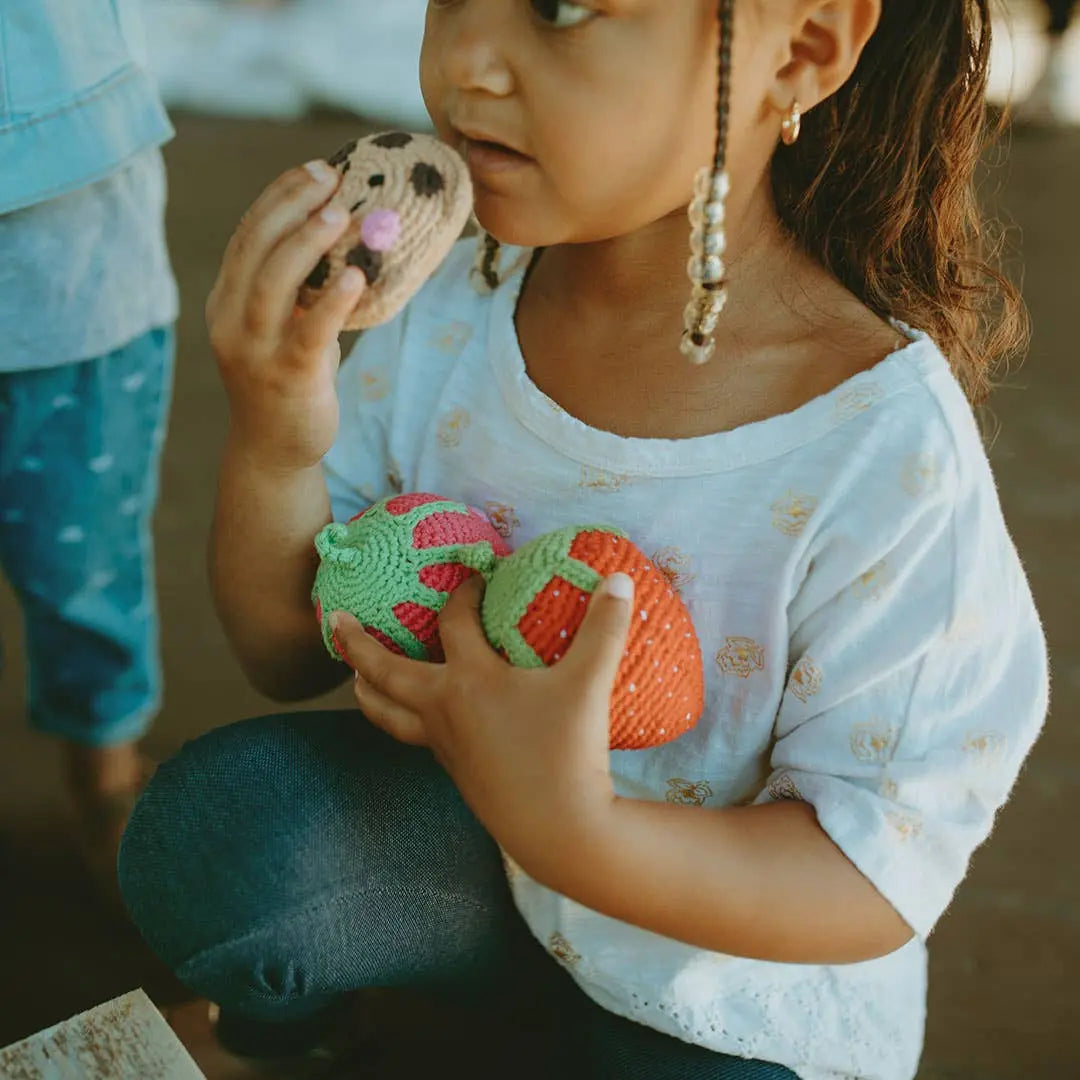 Strawberry - Handmade Organic Cotton with Gentle Rattle Pebble