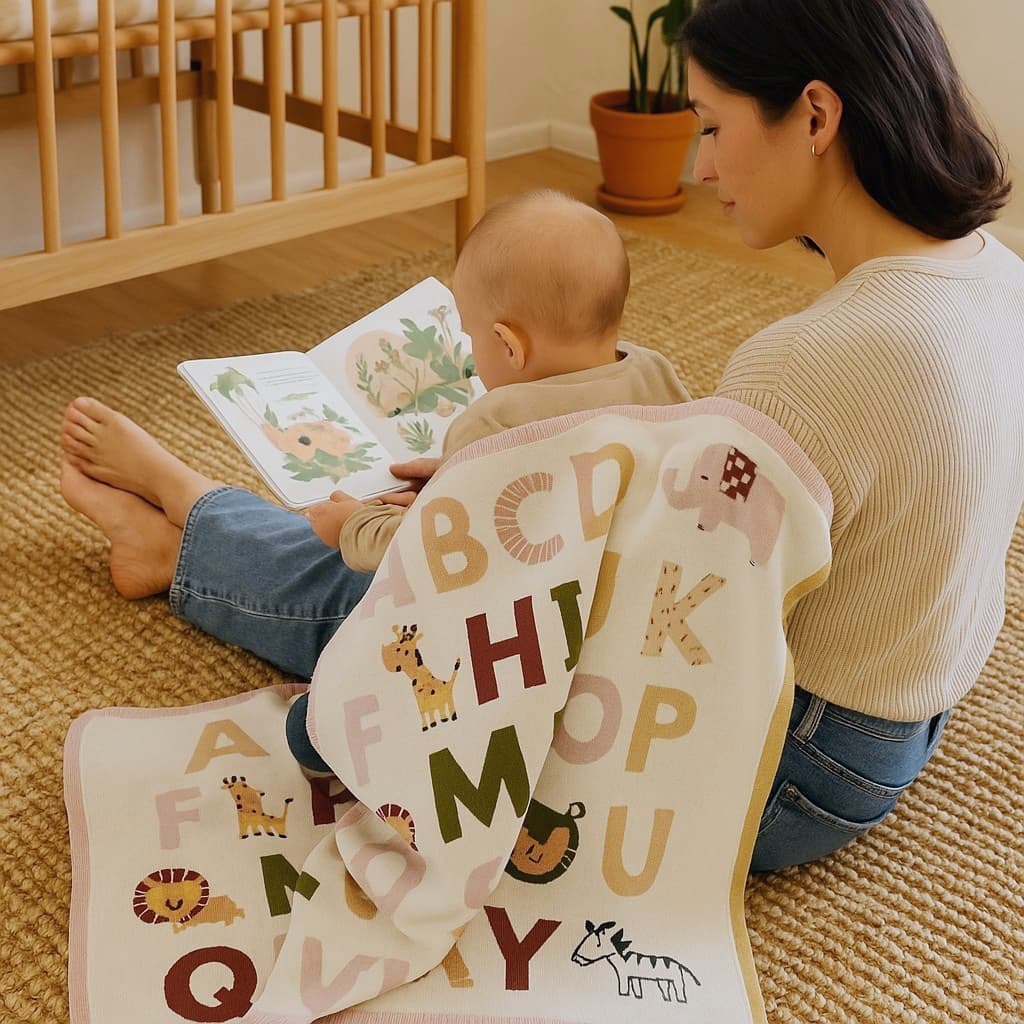 Mom and baby read a picture book together, wrapped in an alphabet blanket with animals like a giraffe, lion, and elephant.