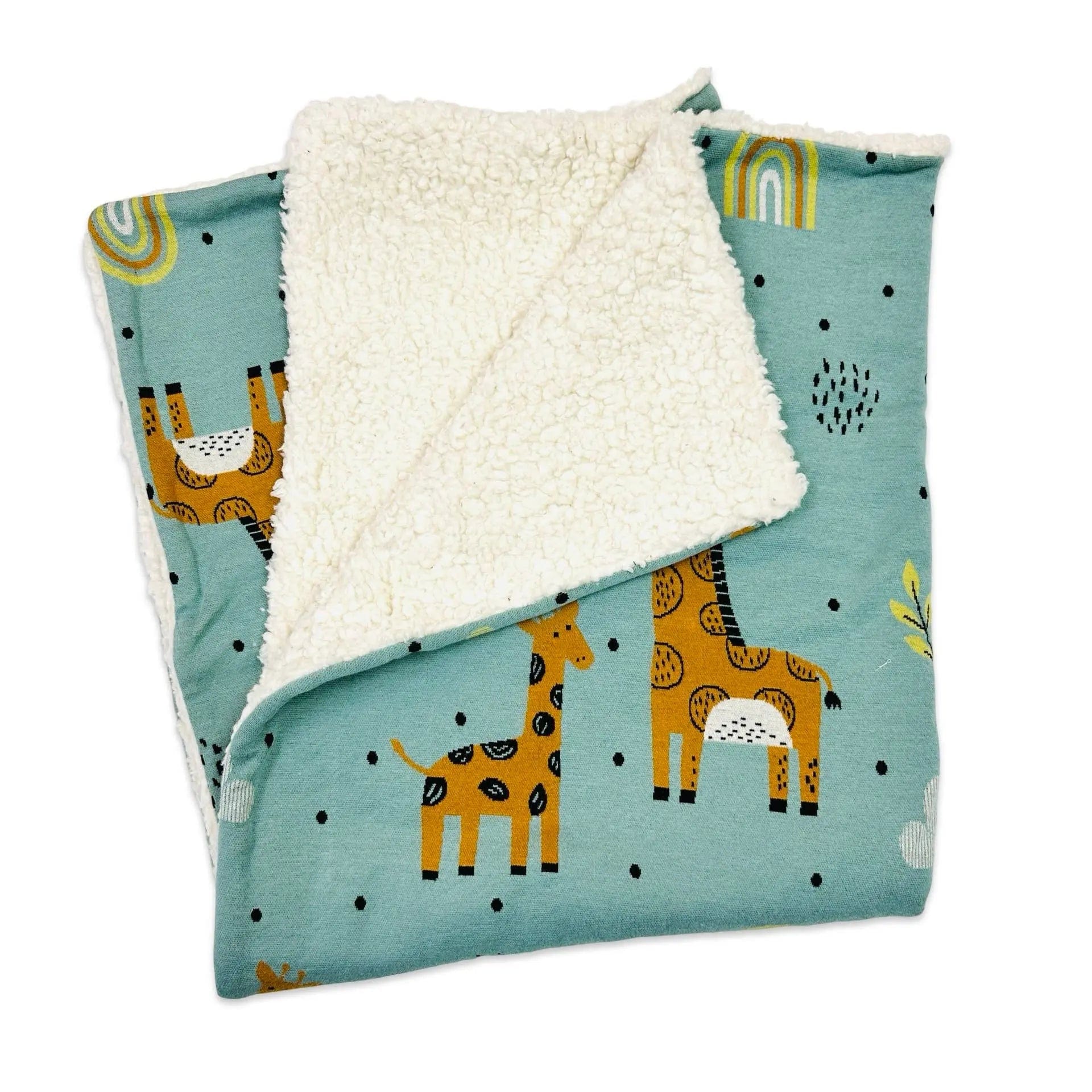 The Baby Blanket Store Crib Blanket 32"x 40" One Size / Sea Green Giraffe Safari Sherpa | Organic Cotton Jacquard Knit Baby Blanket