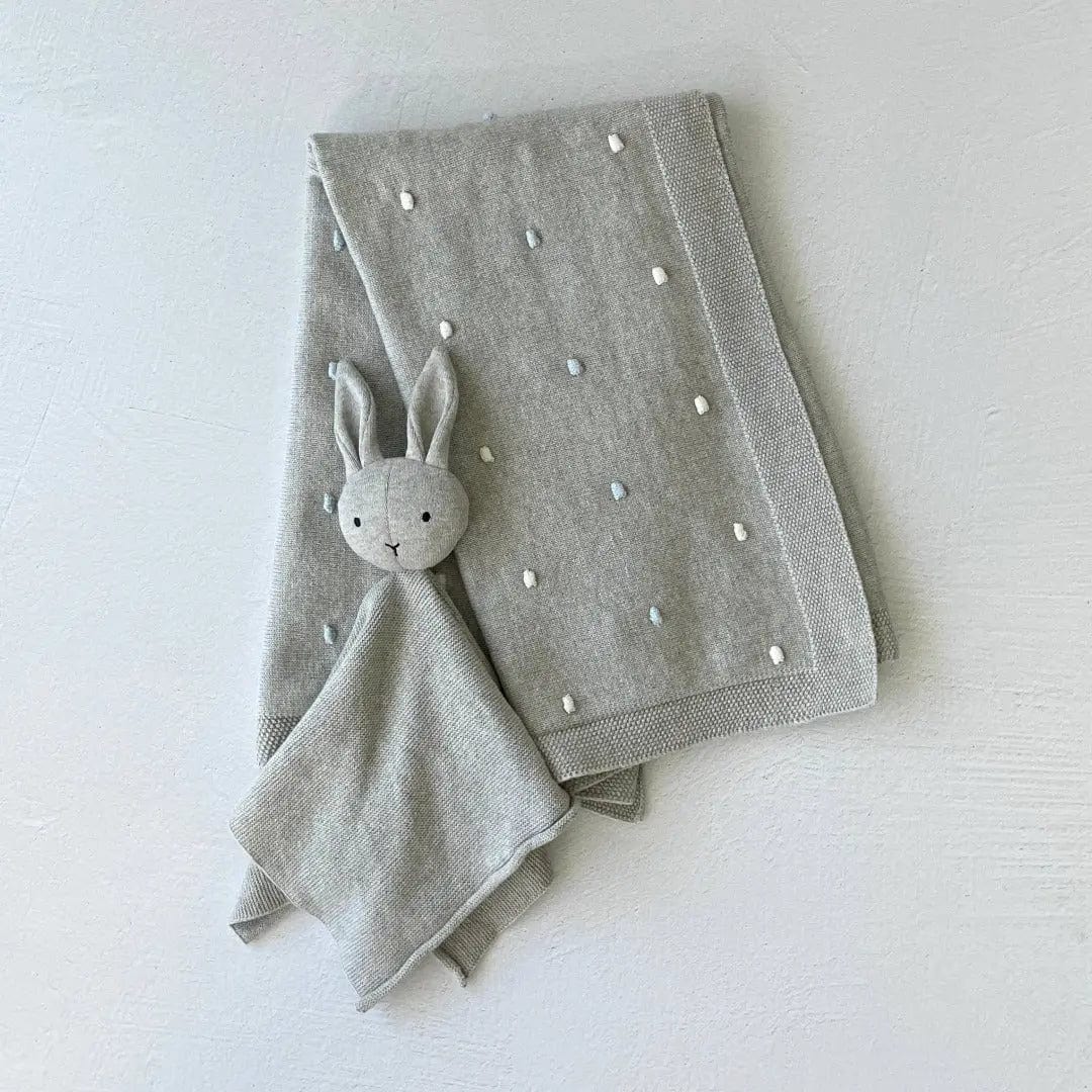 The Baby Blanket Store Crib Blanket 30" x 42" Grey/ Ivory Bobble / OS Bunny Bobble Baby Blanket & Lovey | Organic Cotton Knit Gift Set