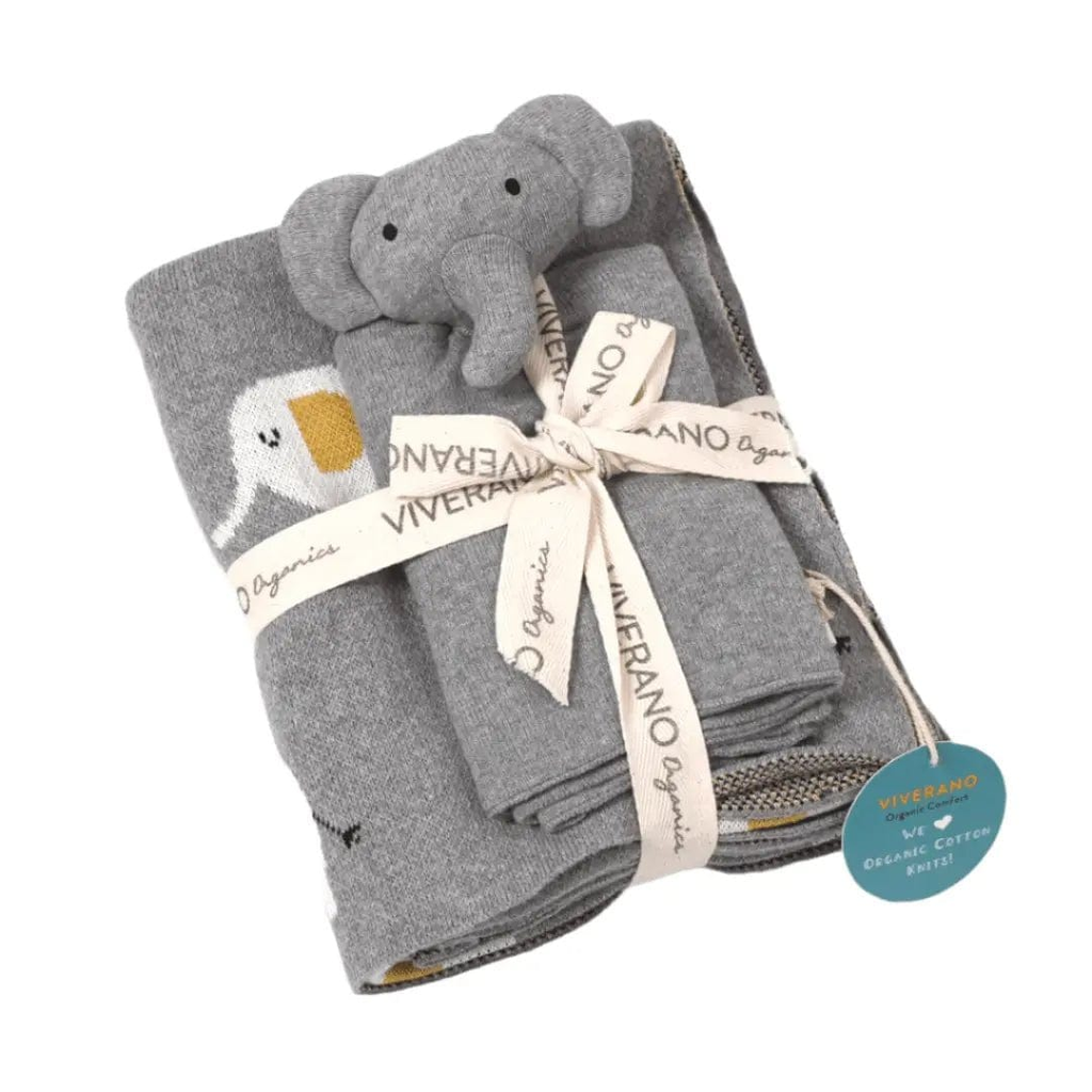 The Baby Blanket Store Crib Blanket 30" x 42" OS / Grey Heather Elephant Baby Blanket & Lovey | Organic Cotton Jacquard Knit Gift Set