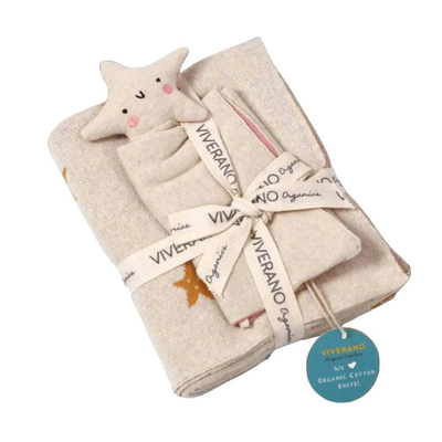The Baby Blanket Store Crib Blanket 30" x 42" OS / Natural Multi-color Stars Baby Blanket  & Lovey | Organic Cotton Jacquard Knit Gift Set