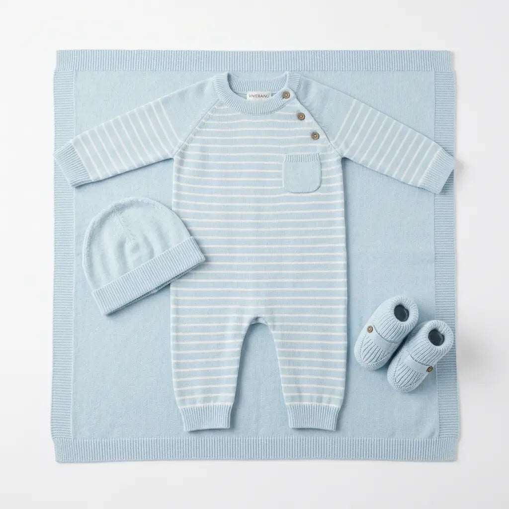 The Baby Blanket Store Sweater Knit Gift Set 0-3M / Sky Blue/White Stripes 4-Pc Milan Pastel Baby Shower Luxe Knit Gift Set | Soft Organic Cotton