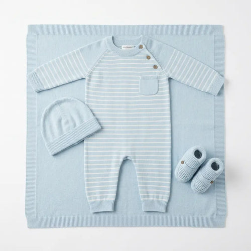 The Baby Blanket Store Sweater Knit Gift Set 0-3M / Sky Blue/White Stripes 4-Pc Milan Pastel Baby Shower Luxe Knit Gift Set | Soft Organic Cotton