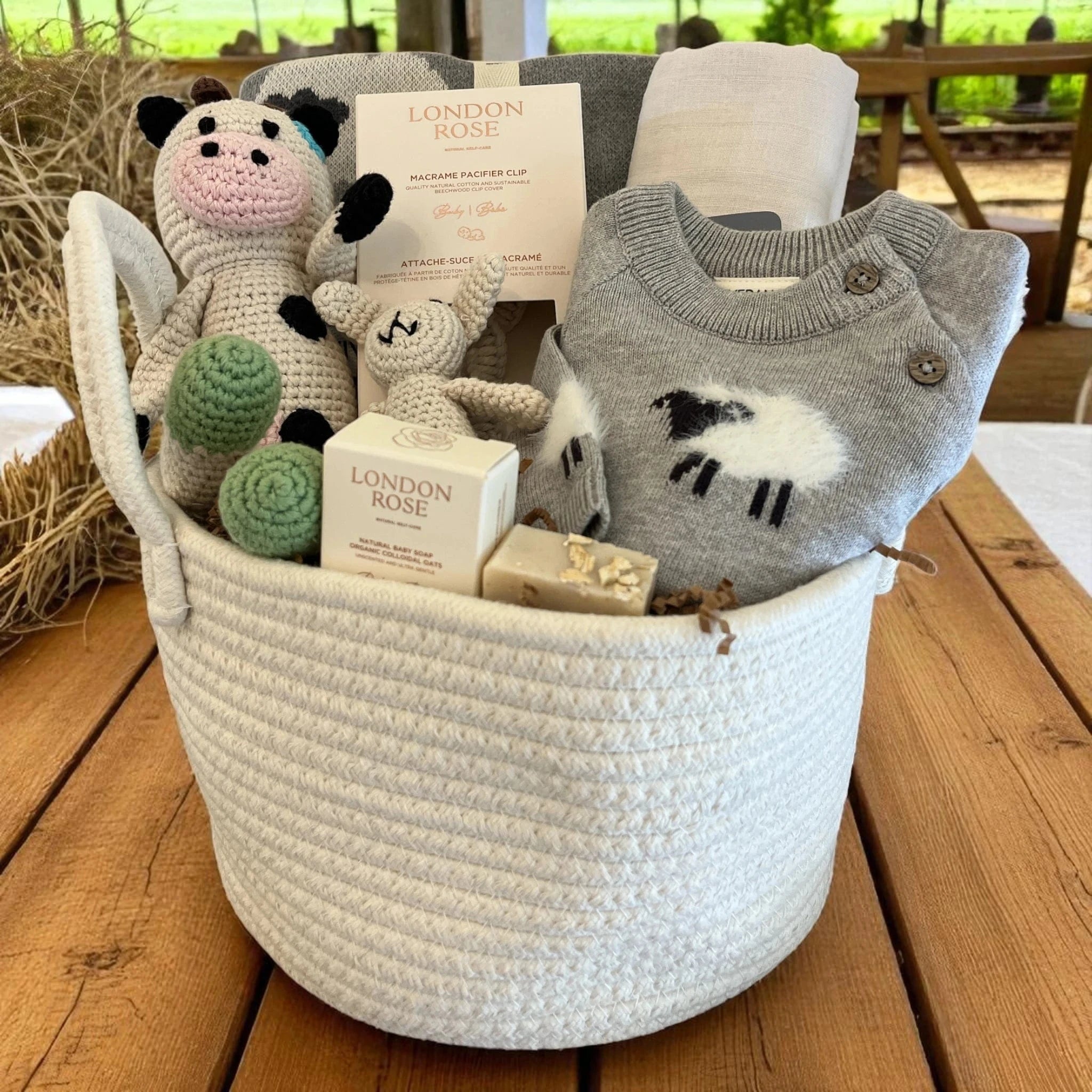 The Baby Blanket Store Gift Basket Barnyard Snuggles | Organic Cotton Baby Gift Basket with Cow, Sheep & Muslin Swaddle