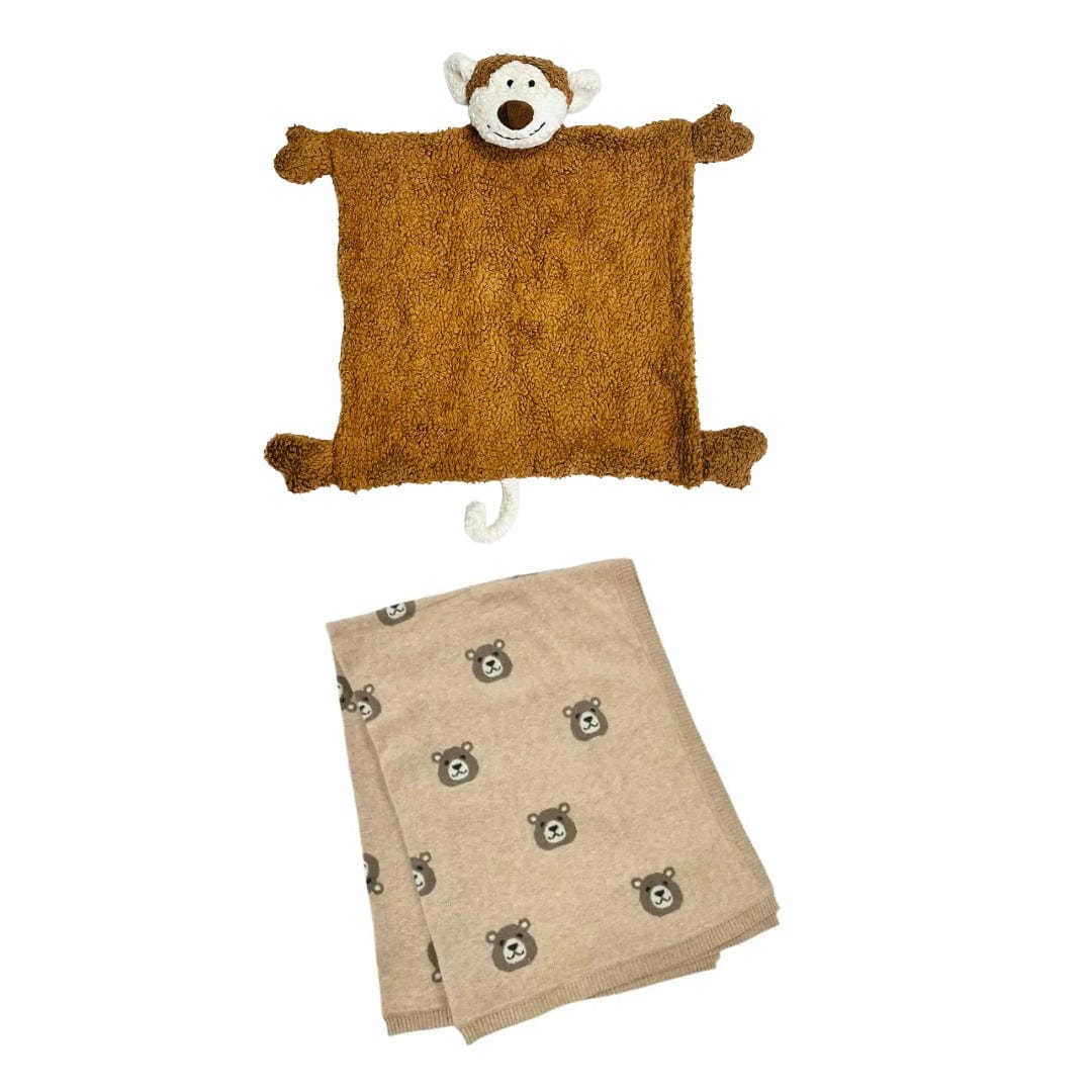 The Baby Blanket Store Bundle Bear Jacquard Knit Baby Blanket &amp; Monkey Lovey Bundle | Organic Cotton