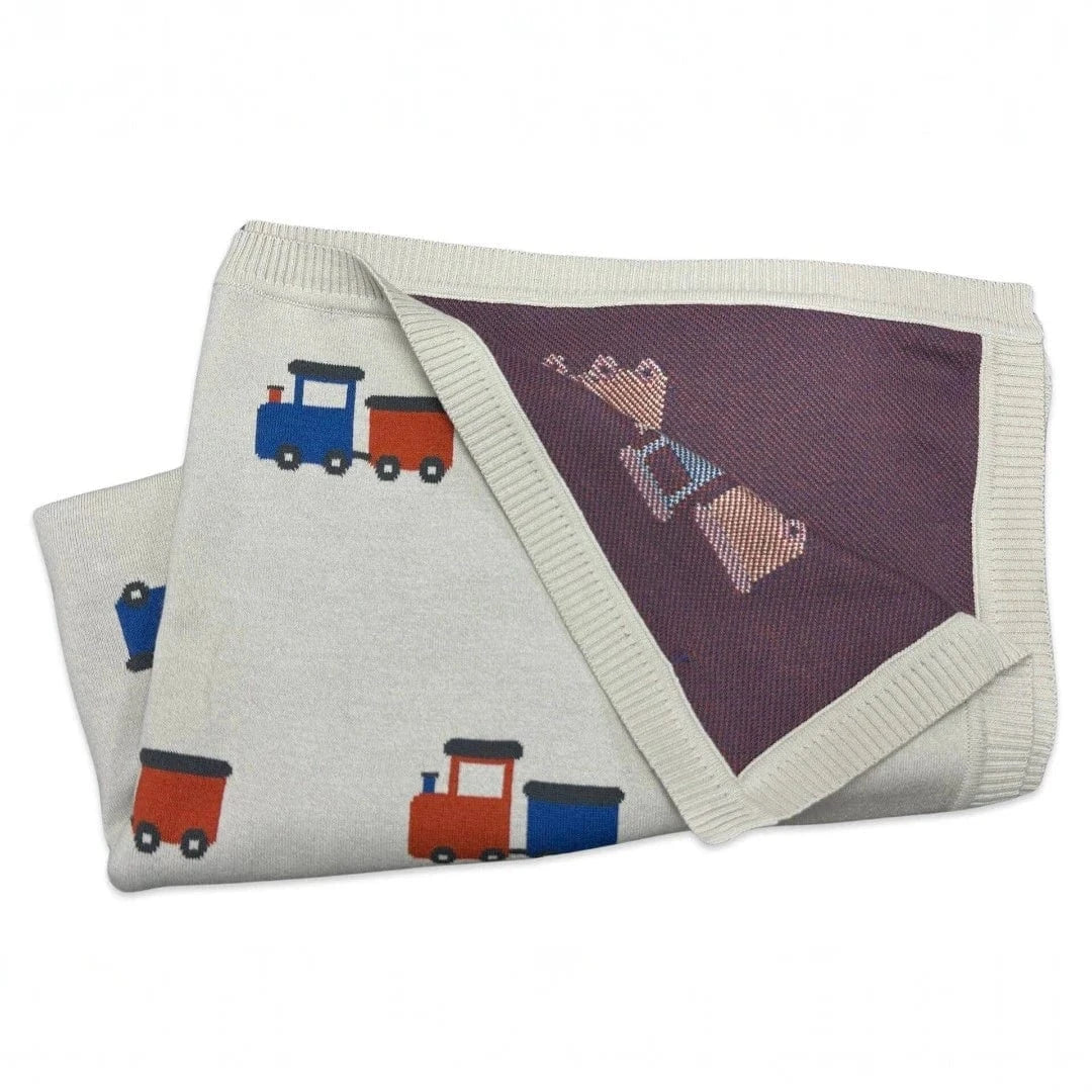 The Baby Blanket Store Crib Blanket 30" x 42" Stone / One Size Choo Choo Train | Organic Cotton Jacquard Knit Baby Blanket