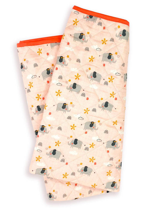 Viverano Organics Elephant Reversible Baby Quilted Blanket (Organic Muslin): Coral