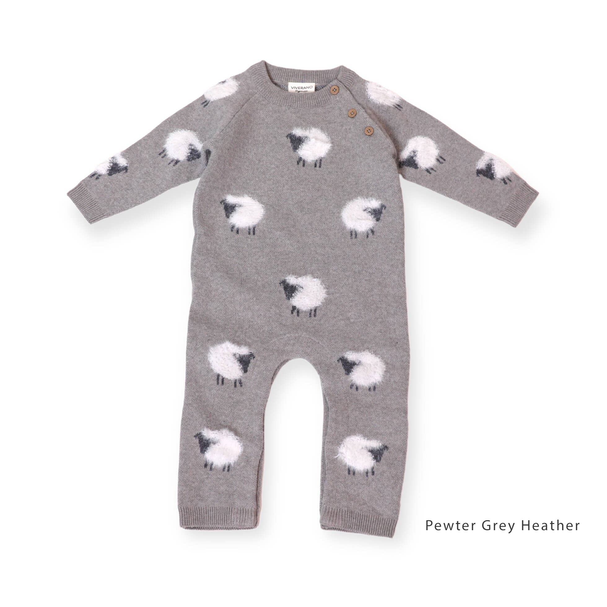 Viverano Organics 0-3M / Pewter Grey Heather Furry Sheep Jacquard Sweater Knit Baby Jumpsuit (Organic)