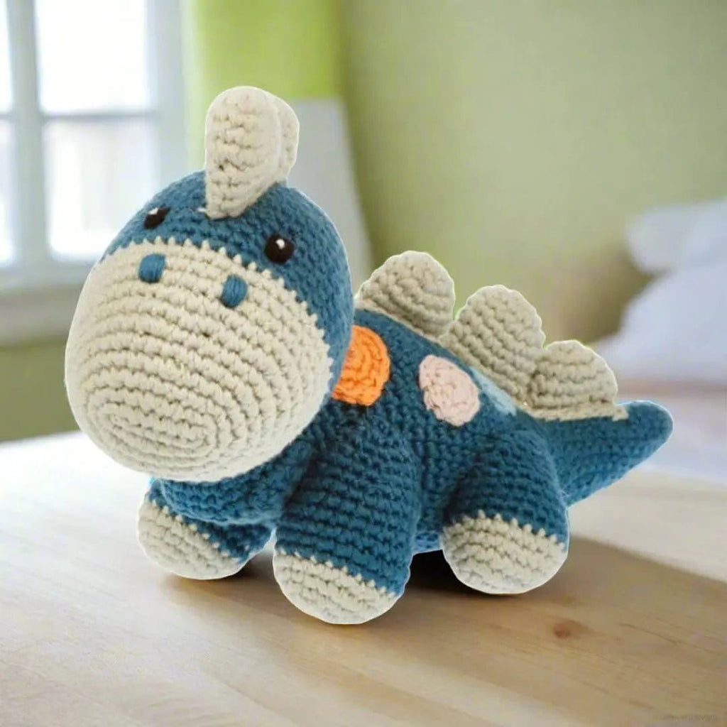 The Baby Blanket Store Crib Blanket 33.5" x 37.5" Granny Square Baby Blanket & Blue Dinosaur with Gentle Rattle | Handmade Organic Cotton Gift Set