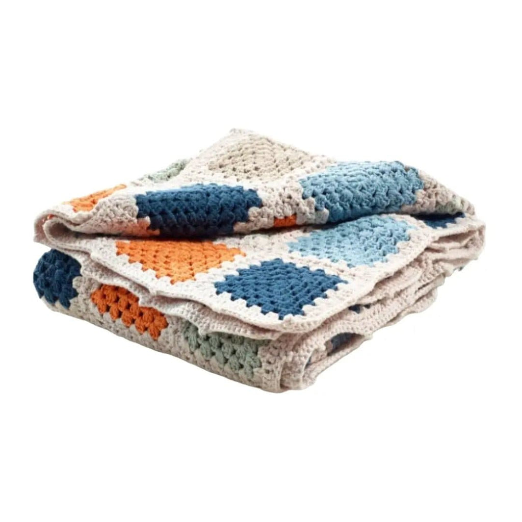 The Baby Blanket Store Crib Blanket 33.5" x 37.5" Granny Square Baby Blanket & Blue Dinosaur with Gentle Rattle | Handmade Organic Cotton Gift Set