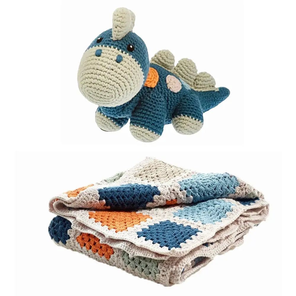 The Baby Blanket Store Crib Blanket 33.5" x 37.5" Granny Square Baby Blanket & Blue Dinosaur with Gentle Rattle | Handmade Organic Cotton Gift Set