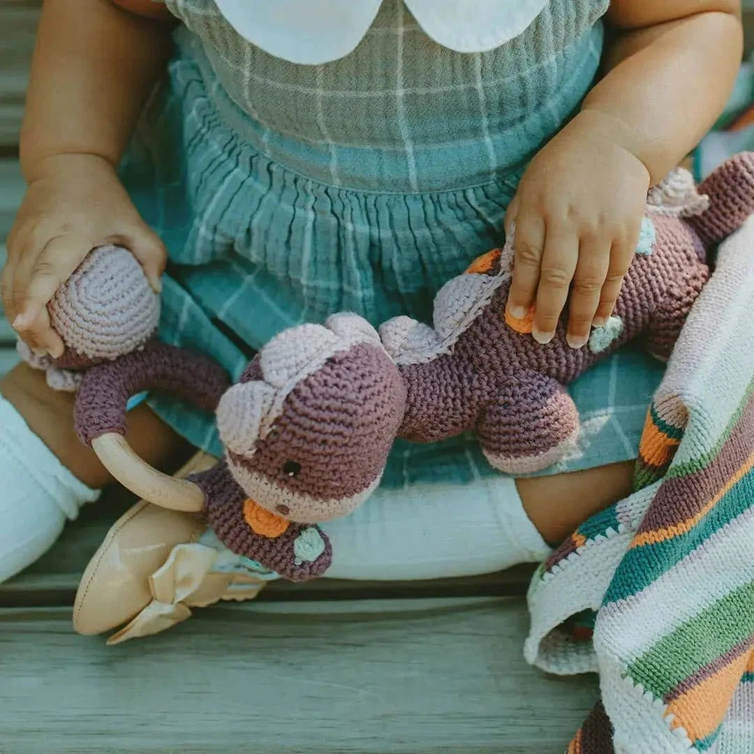 The Baby Blanket Store Granny Square Baby Blanket & Purple Dinosaur with Gentle Rattle | Handmade Organic Cotton Gift Set