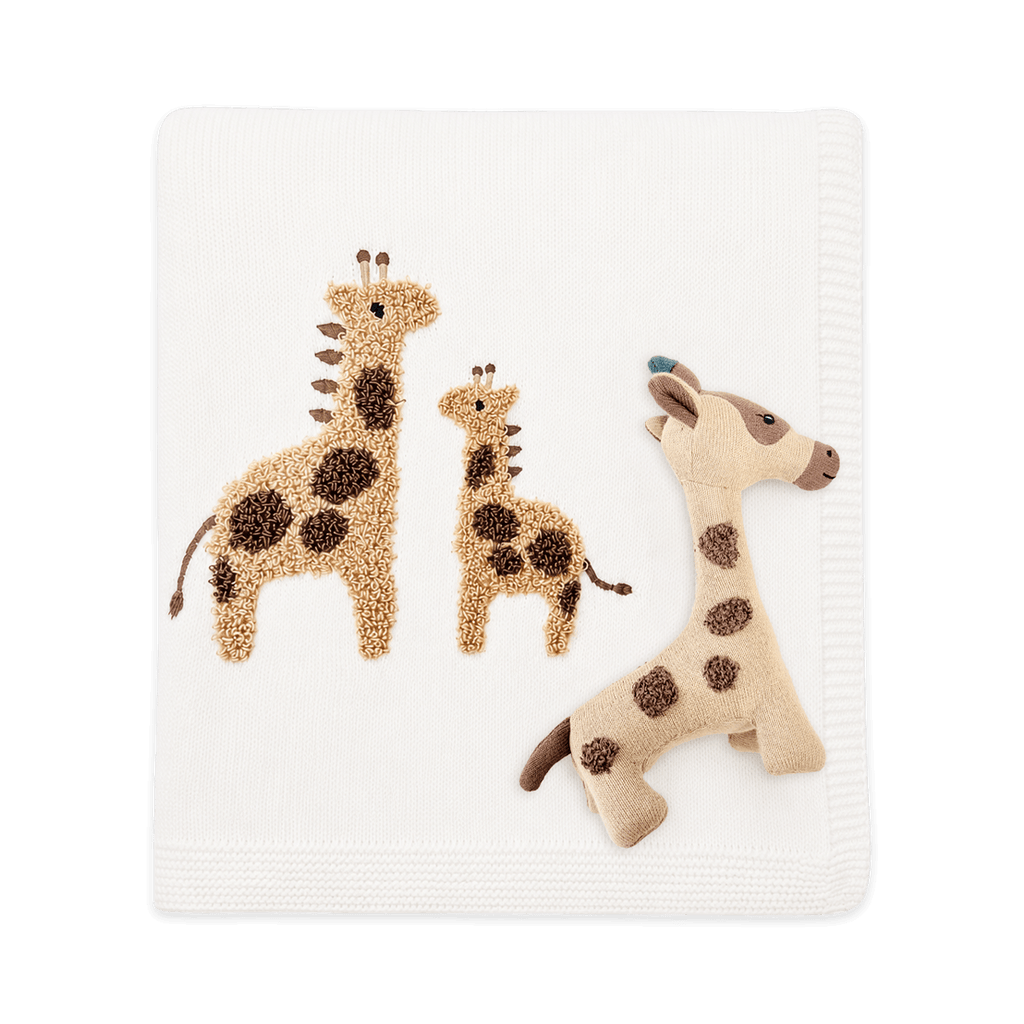 Viverano Organics Dove White / One Size Giraffe Knit Baby Blanket & Toy Gift Set (Organic Cotton)