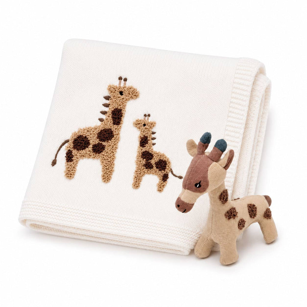 Viverano Organics Dove White / One Size Giraffe Knit Baby Blanket & Toy Gift Set (Organic Cotton)
